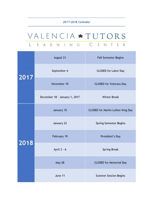 Academic Calendar2017-18-ValenciaTutors - Valencia Tutors Learning Center