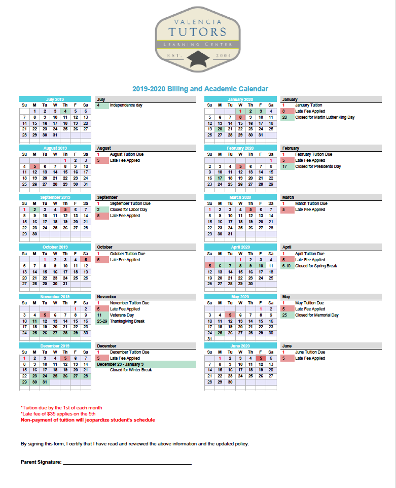 Valencia Tutors Billing calendar for School year 2019 - 2020